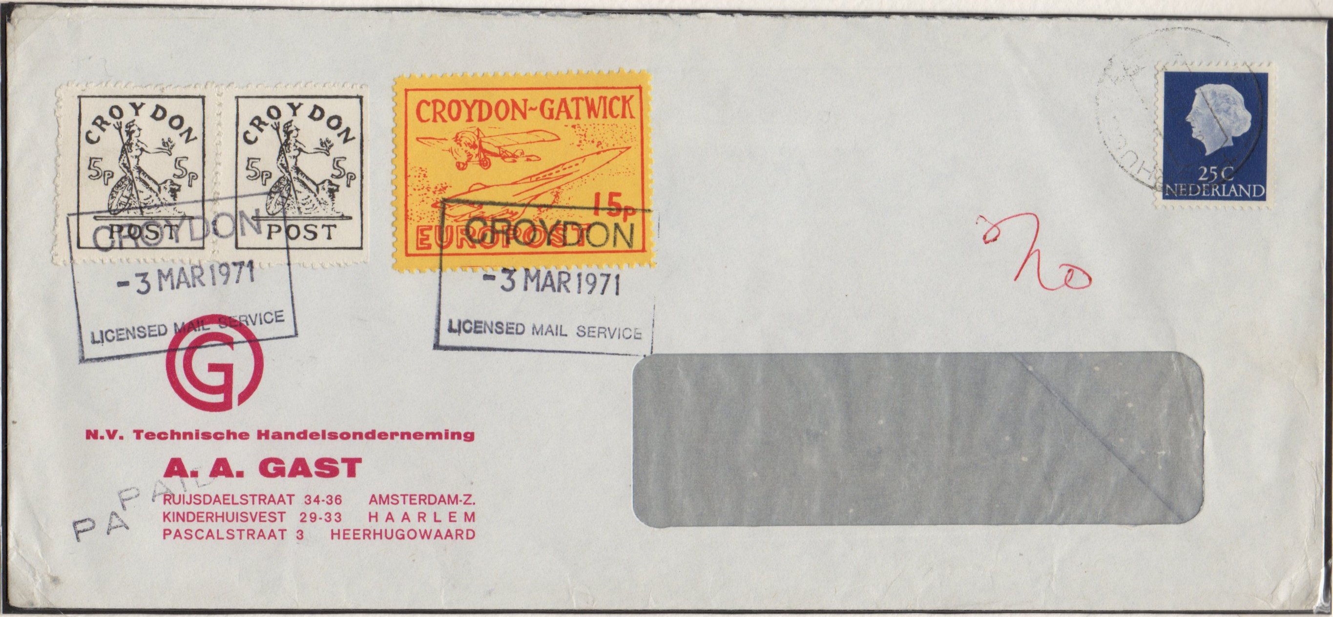 1971 Croydon Gatwick Strike Post cover with multiple CGP franking, March 1st 1971